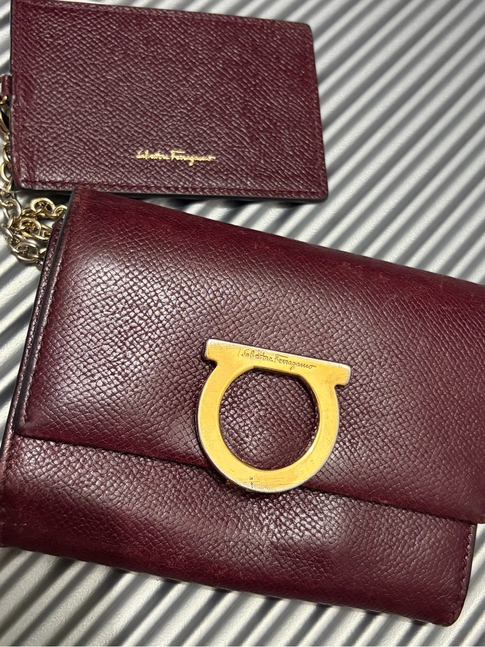 Salvatore Ferragamo Burgundy Leather Chain Wallet